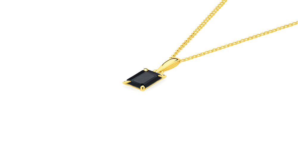 9ct Gold Black Sapphire Emerald Cut Pendant in Black Prouds