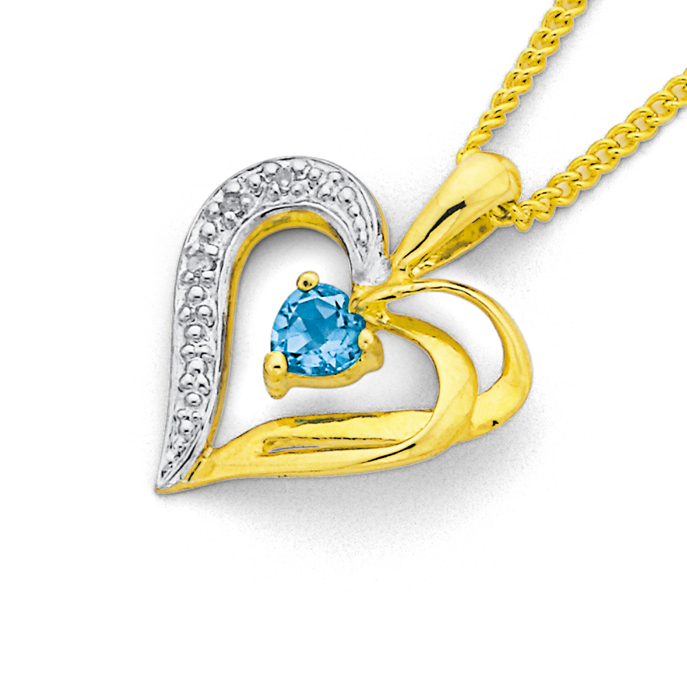 9ct Gold, Blue Topaz \u0026 Diamond Heart 
