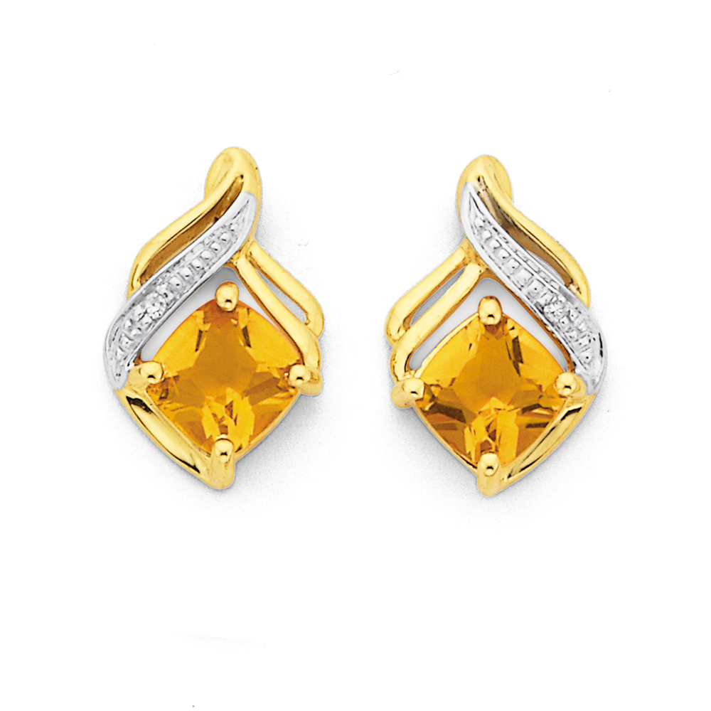 9ct Gold Citrine Diamond Cushion Swirl Stud Earrings in Yellow