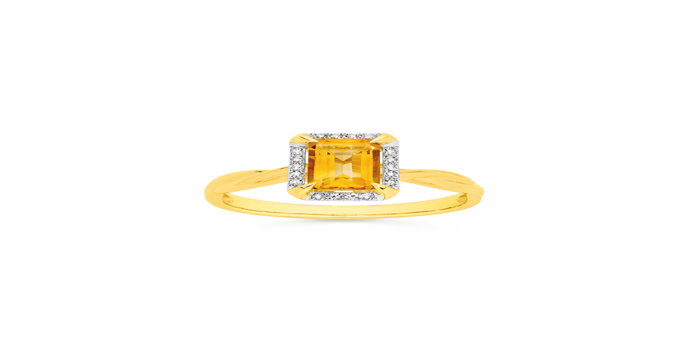 9ct Gold Citrine & Diamond Emerald Cut Ring in Yellow | Prouds