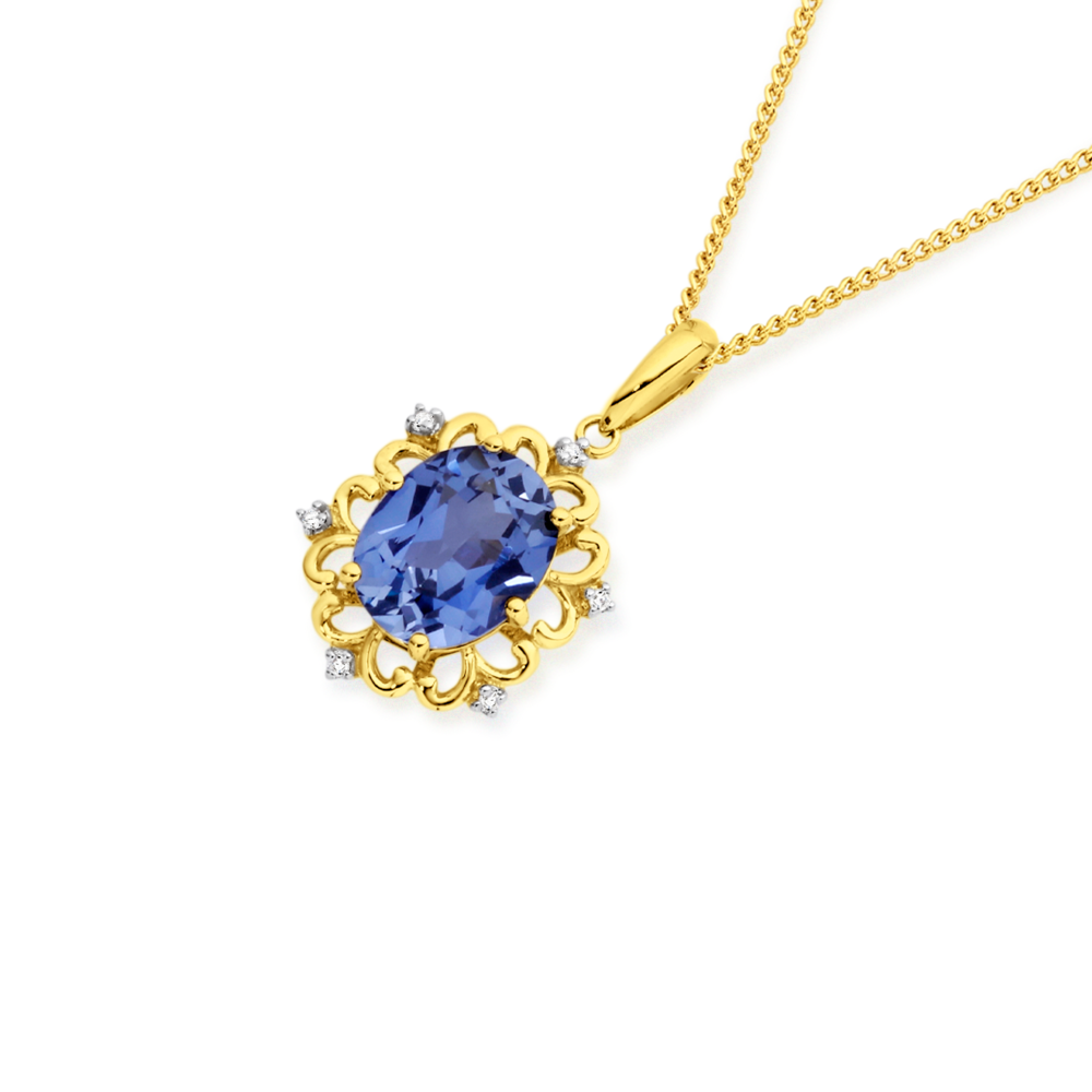 9ct Gold Created Ceylon Sapphire Diamond Pendant in Blue Prouds