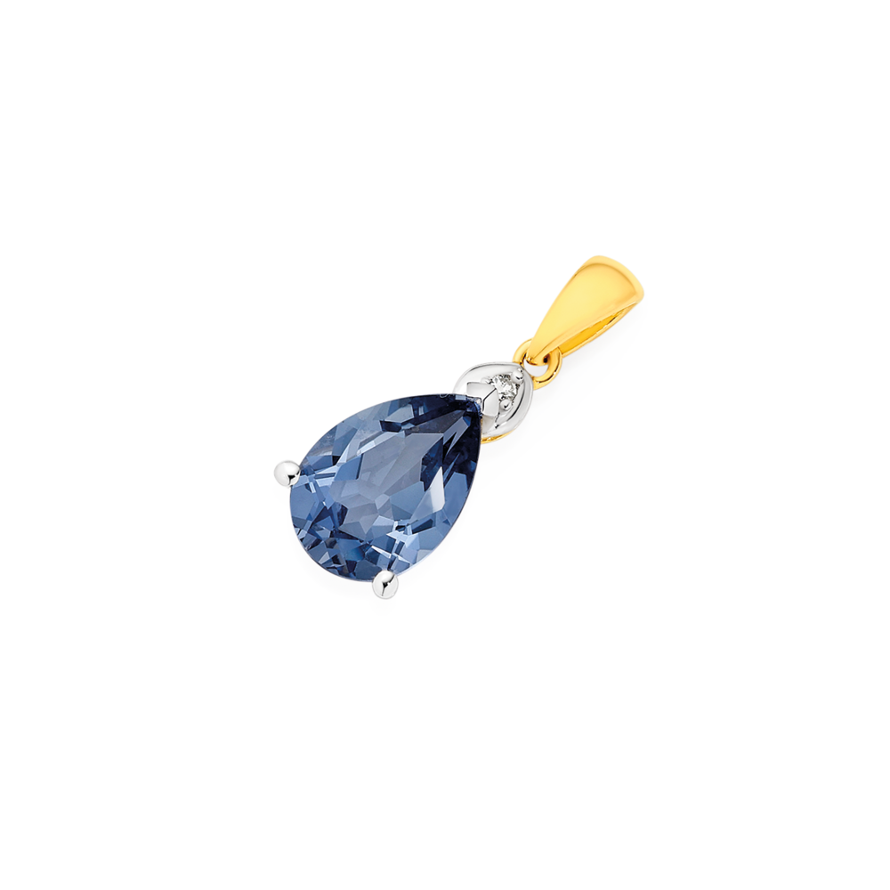 9ct Gold Created Ceylon Sapphire Diamond Pendant in Blue Prouds