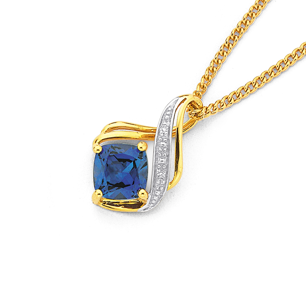 9ct Gold Created Ceylon Sapphire Diamond Swirl Pendant in Blue