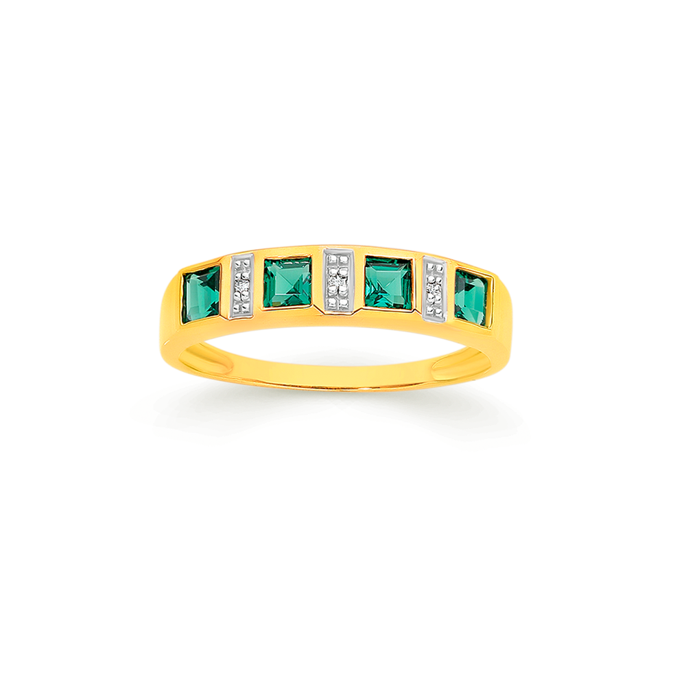 9ct Gold Created Emerald Diamond in Green Prouds