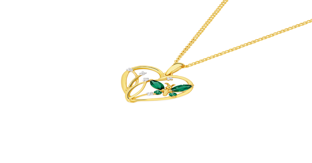 9ct Gold Created Emerald & Diamond Butterfly Heart Pendant in Green