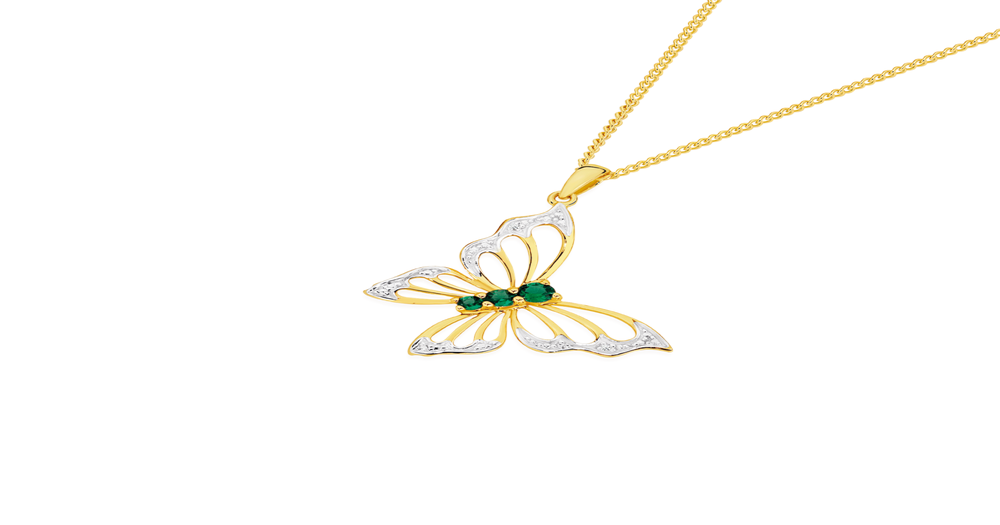 9ct Gold Created Emerald & Diamond Butterfly Pendant in Green Prouds