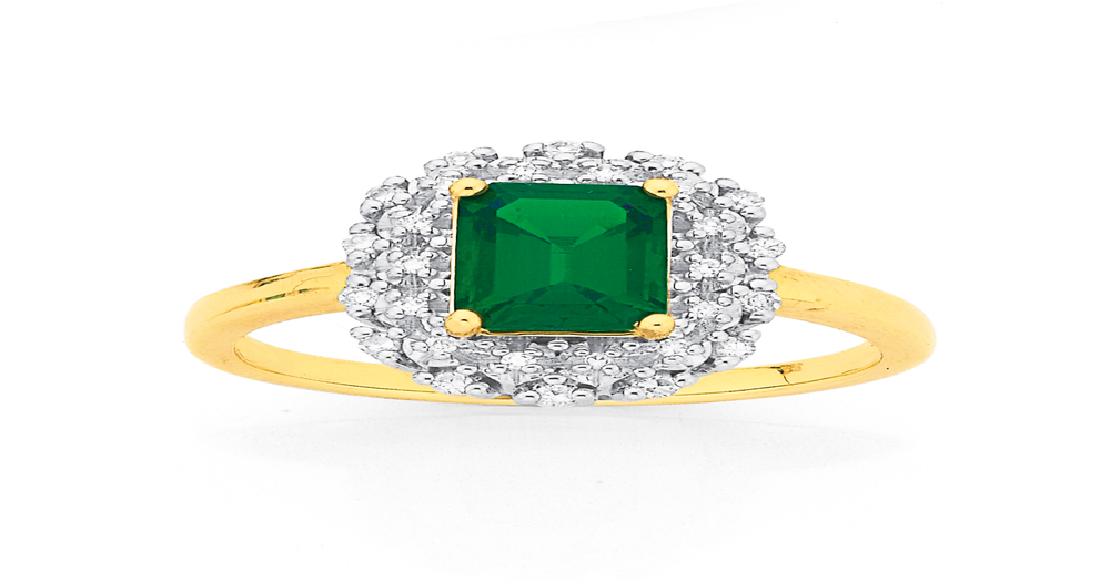 9ct Gold Created Emerald & Diamond Emerald Cut Ring in Green | Prouds