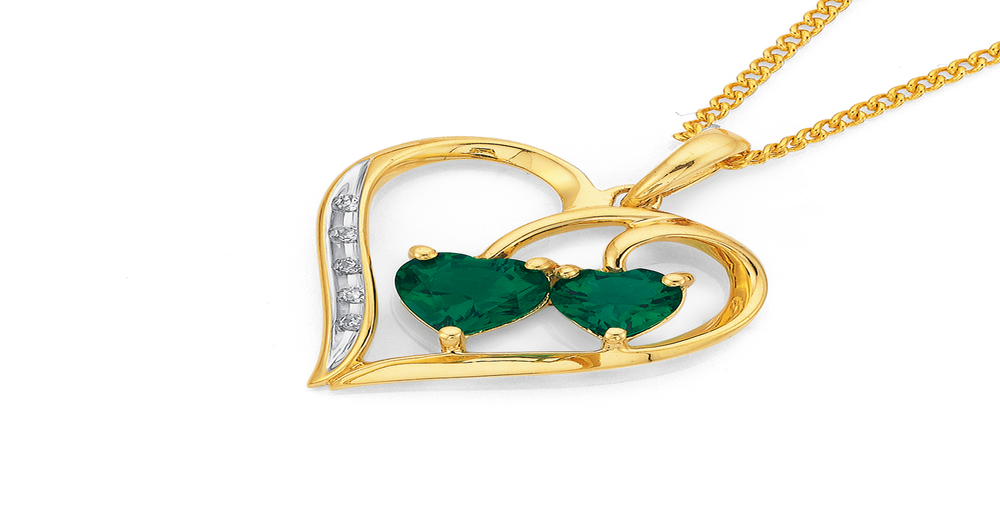 9ct Gold, Created Emerald & Diamond Heart Pendant in Green Prouds