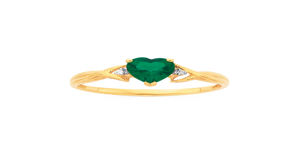 9ct Gold, Created Emerald & Diamond Heart Ring in Green Prouds