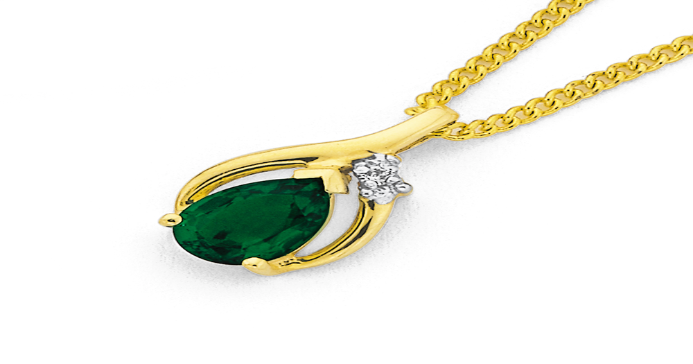 9ct Gold Created Emerald & Diamond Pear Pendant in Green Prouds