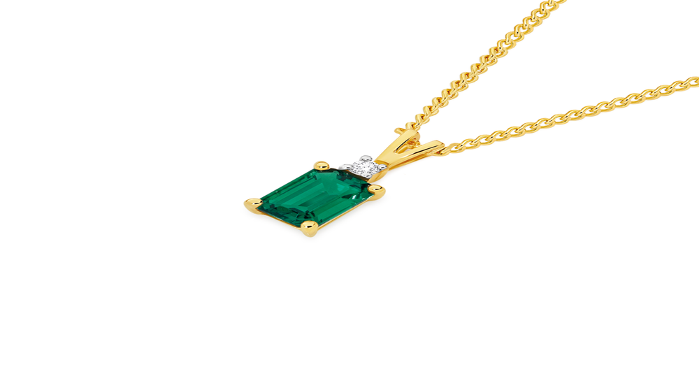 9ct Gold Created Emerald & Diamond Pendant in Green Prouds