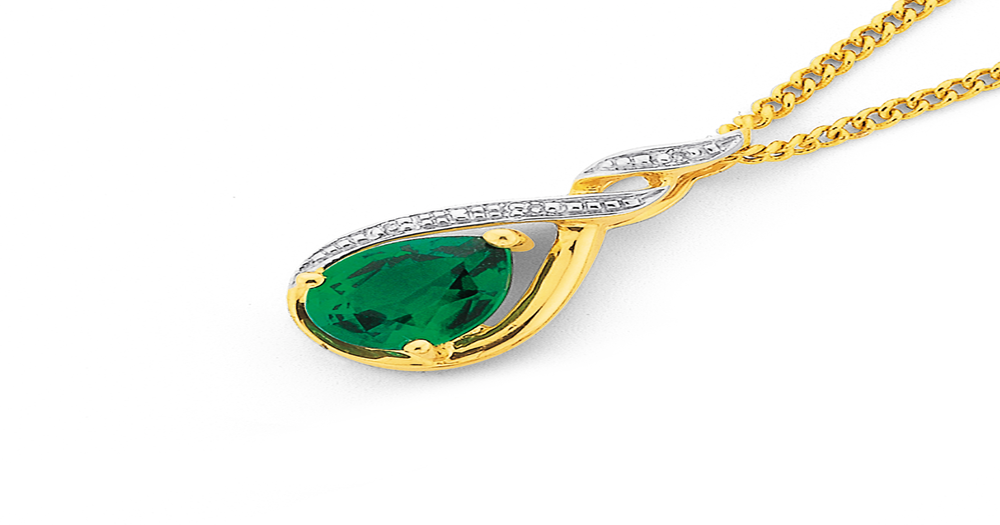 9ct Gold, Created Emerald & Diamond Pendant in Green Prouds