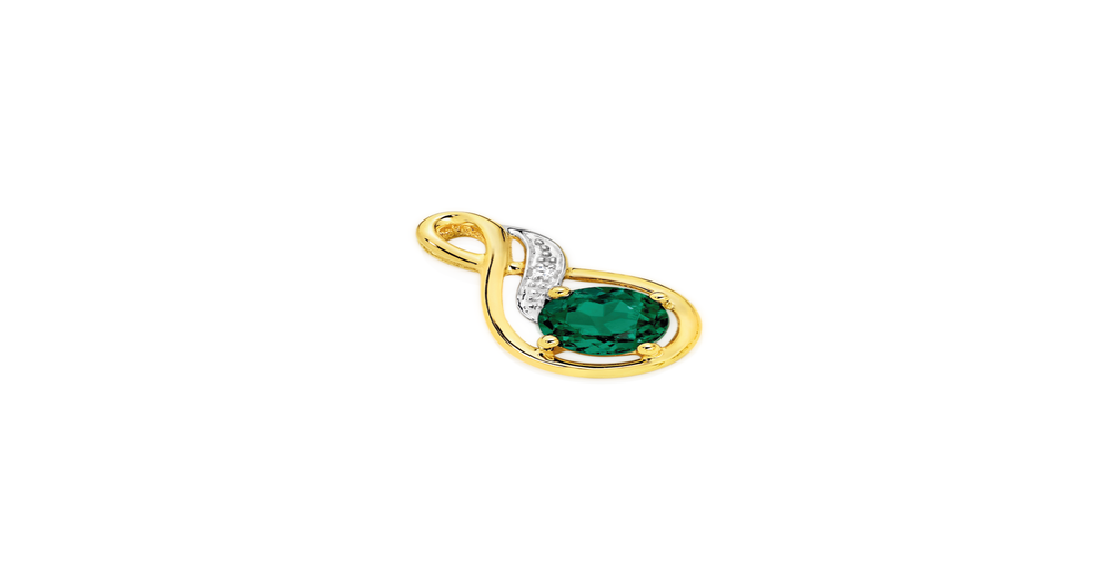 9ct Gold Created Emerald & Diamond Pendant in Green Prouds