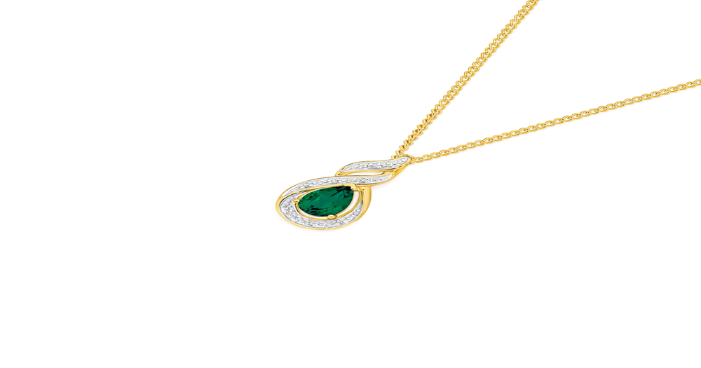 9ct Gold Created Emerald & Diamond Pendant in Green Prouds