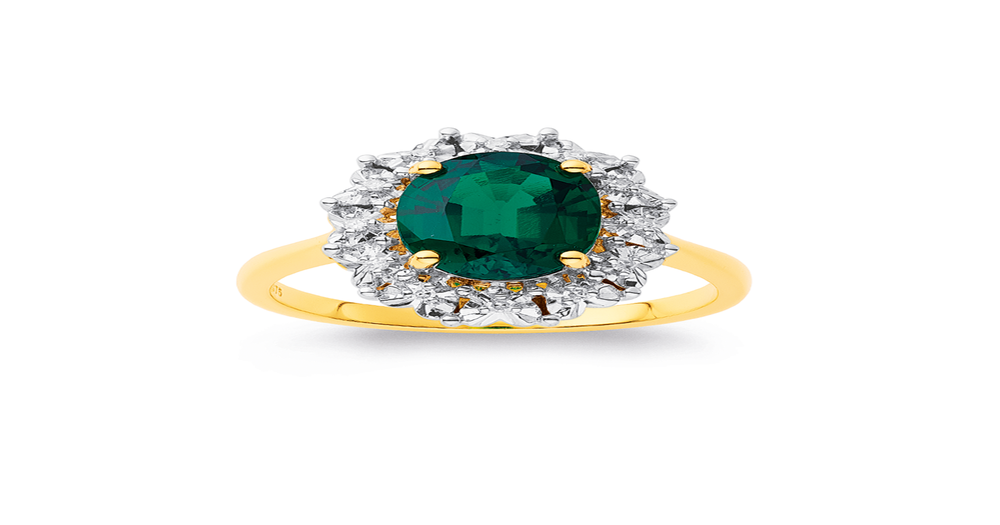 9ct Gold Created Emerald & Diamond Ring in Green Prouds