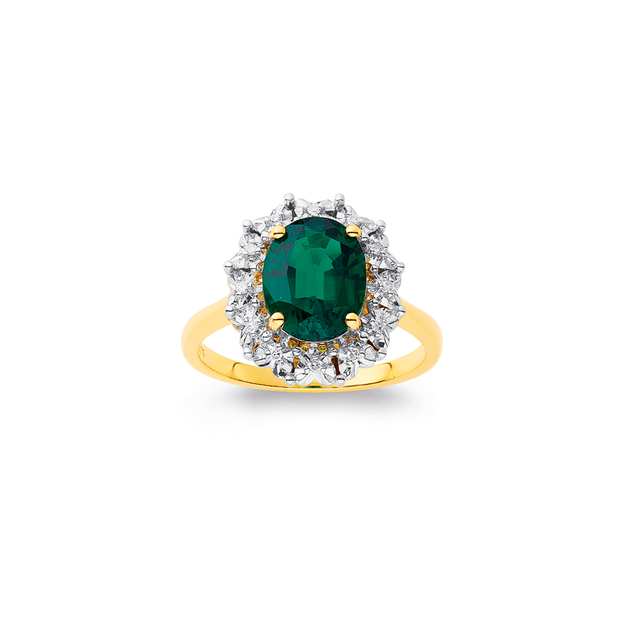 9ct Gold Created Emerald & Diamond Ring in Green | Prouds