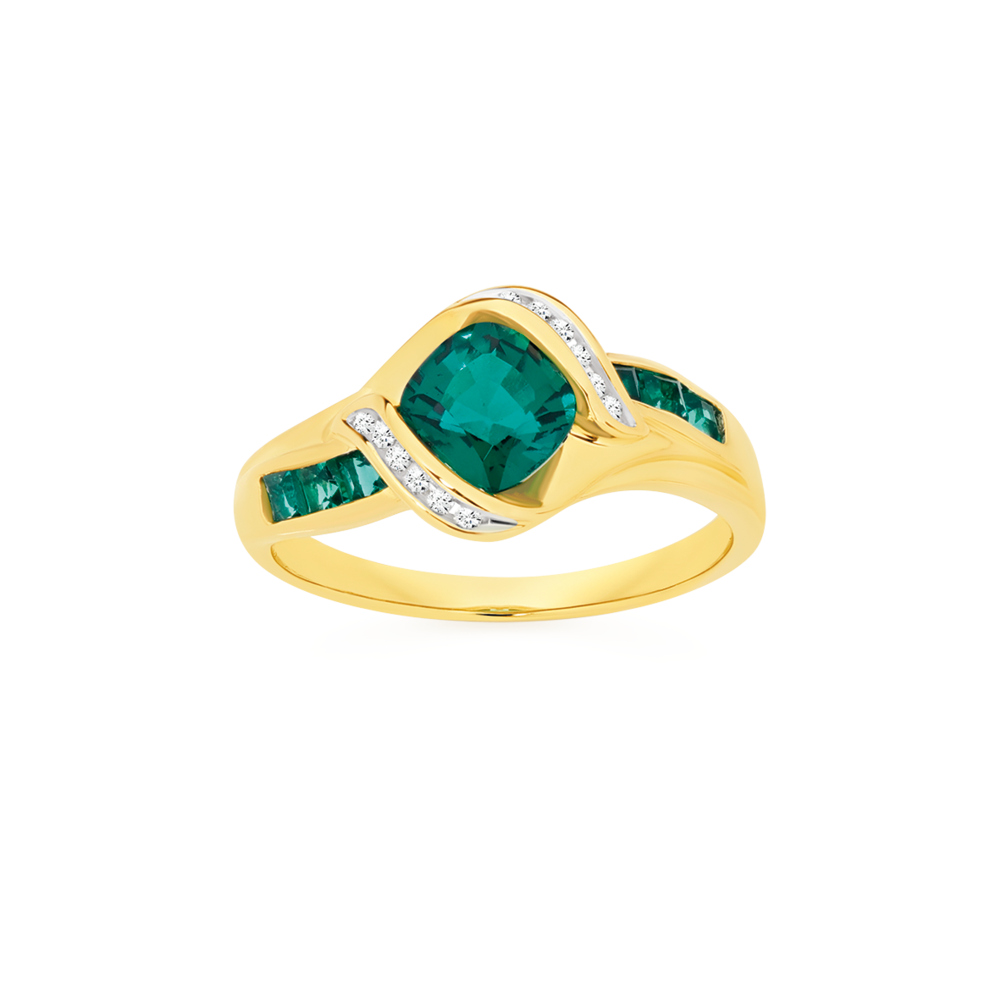 9ct Gold Created Emerald Diamond Shoulder Ring in Green Prouds