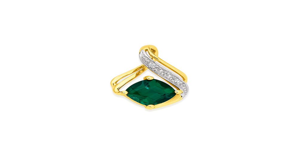 9ct Gold Created Emerald & Diamond Swirl Pendant in Green Prouds
