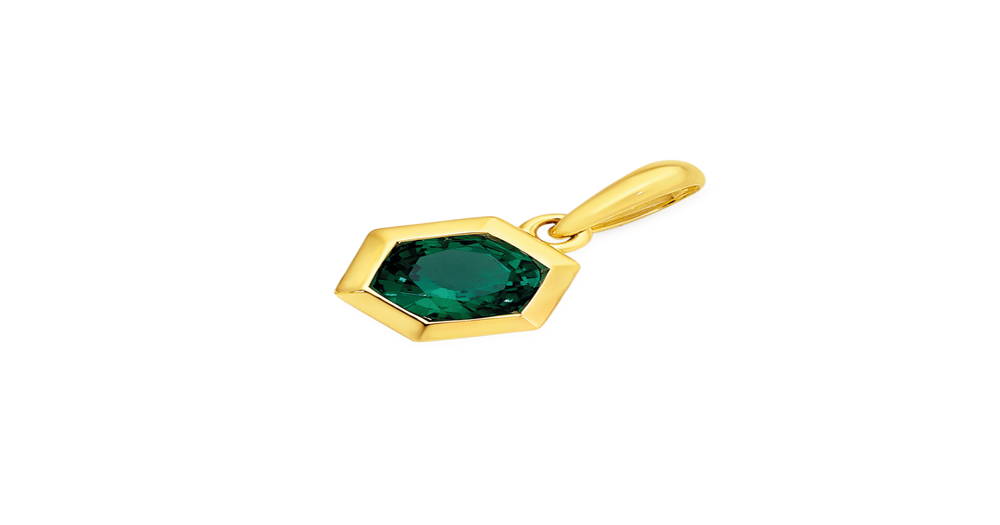 9ct Gold Created Emerald Hexagon Bezel Pendant in Green Prouds