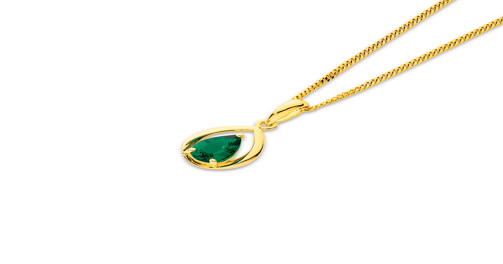 9ct Gold Created Emerald Open Pear Pendant. in Green Prouds