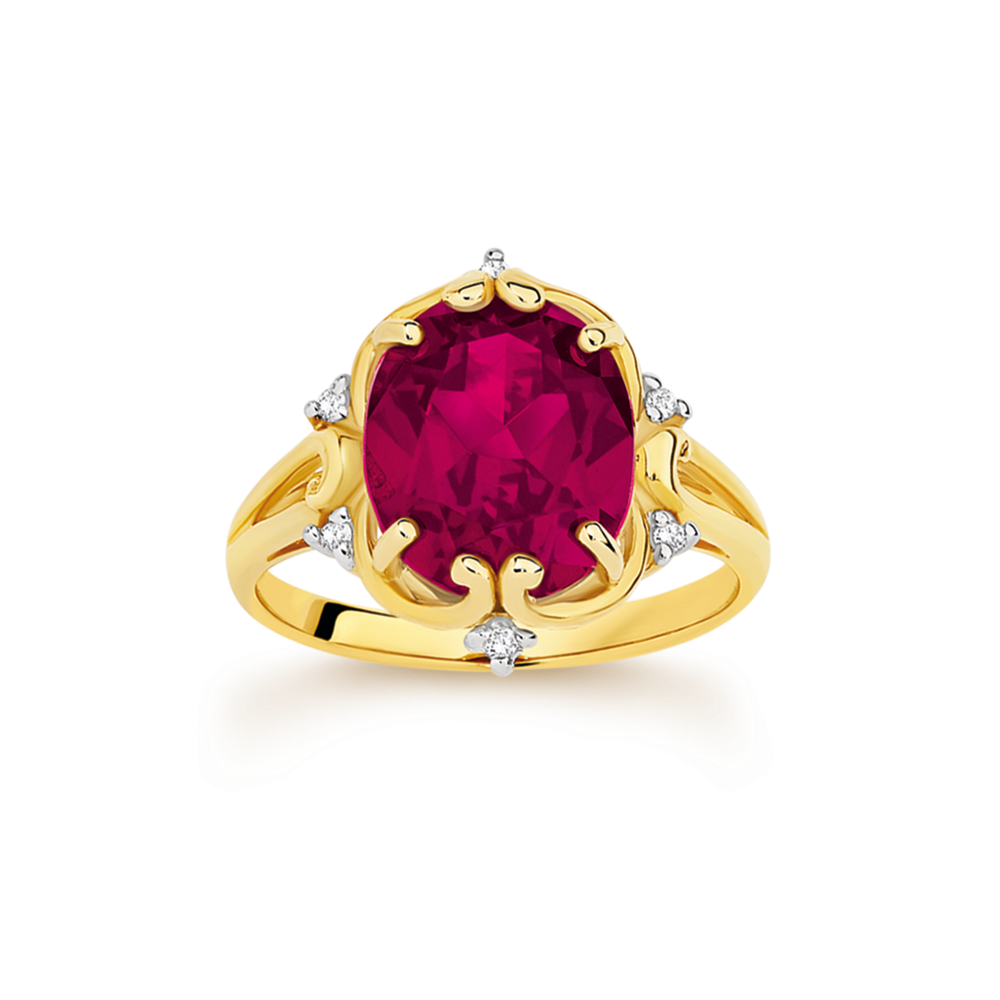 9ct gold created ruby diamond filigree ring 7351016 35031