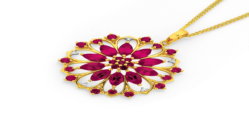 9ct Gold Created Ruby & Diamond Flower Pendant in Red Prouds