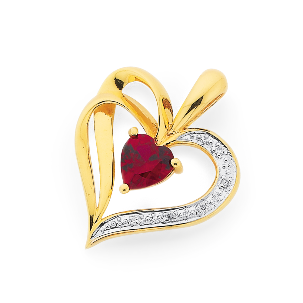 9ct Gold Created Ruby Diamond Heart Cut sweetheart Pendant