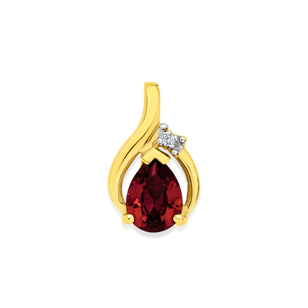 9ct Gold Created Ruby Diamond Pear Cut Pendant