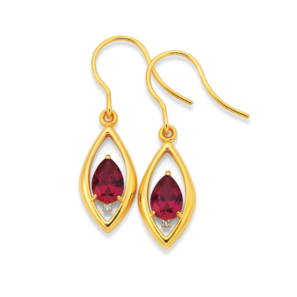 9ct Gold Created Ruby & Diamond Teardrop Earrings