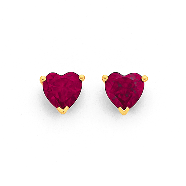 9ct Gold Created Ruby Heart Stud Earrings