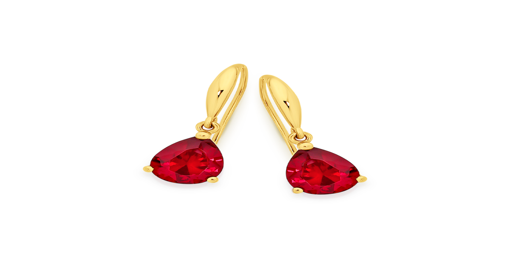 9ct Gold Created Ruby Pear Drop Hook Earrings in Red | Prouds