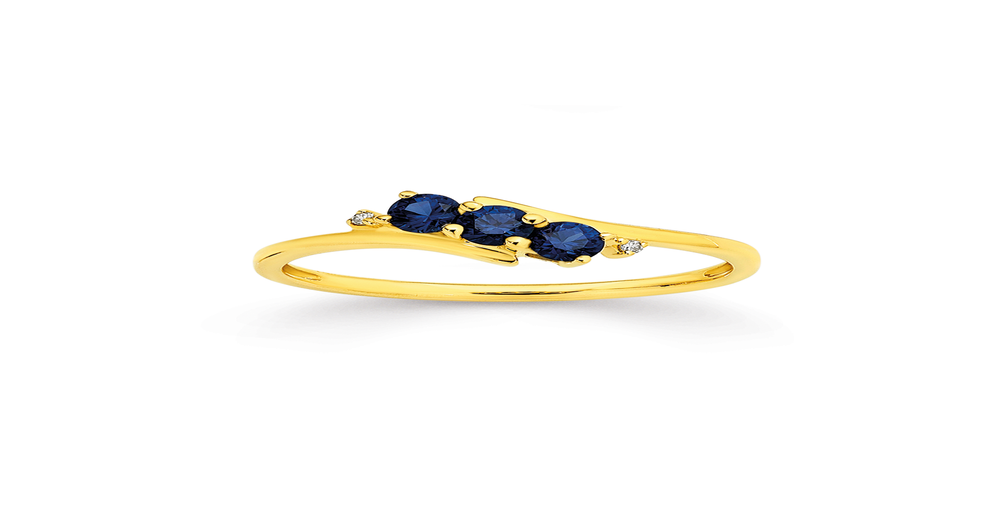 9ct Gold Created Sapphire Diamond Offset Ring in Blue Prouds - Main Image