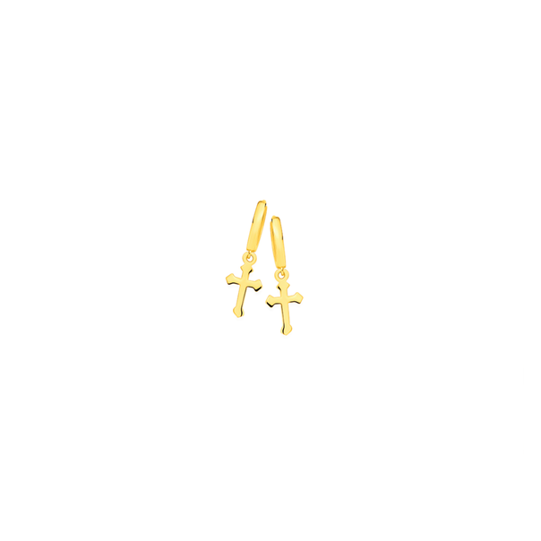 9ct Gold Cross Drop Huggie Earrings