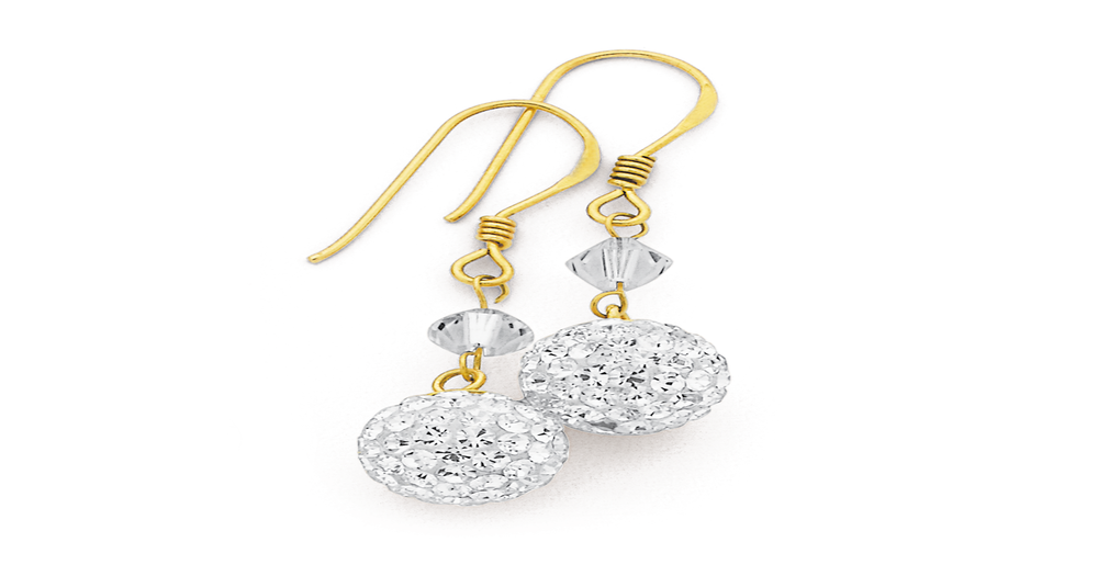 9ct Gold, Crystal Ball Drop Earrings in White Prouds