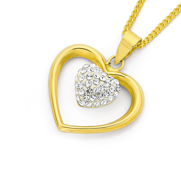 9ct Gold, Crystal Double Heart Pendant