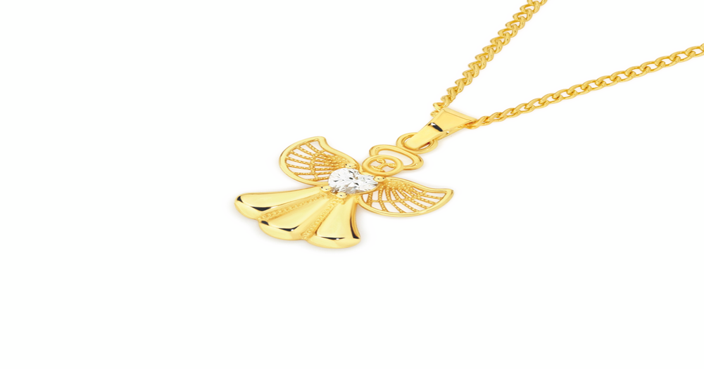 9ct Gold Cubic Zirconia Angel Pendant in Clear | Prouds