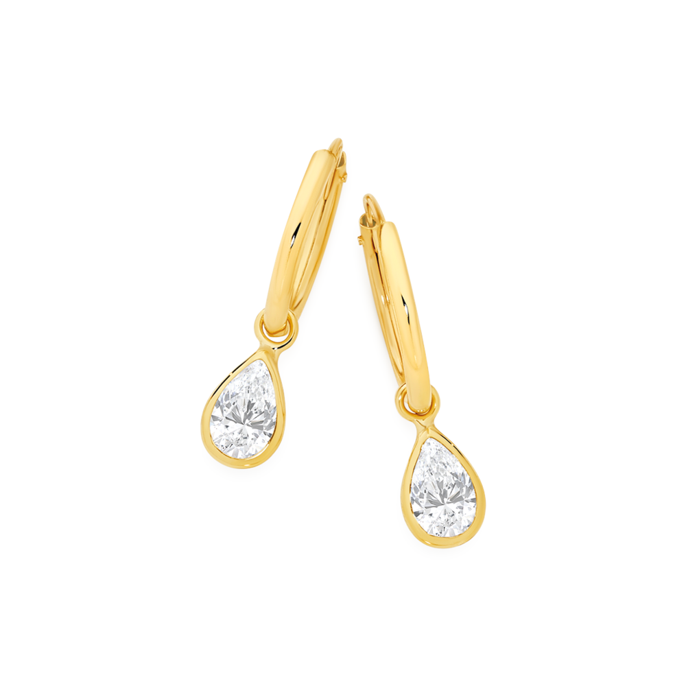 9ct Gold Cubic Zirconia Pear Drop Flexi Hoop Earrings in White - Technical View
