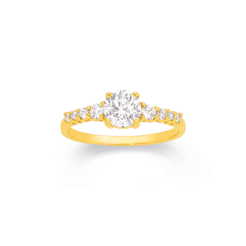 9ct Gold, Cubic Zirconia Solitaire Shoulder Set Ring