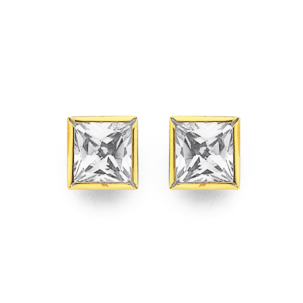 9ct Gold, Cubic Zirconia Square Stud Earrings