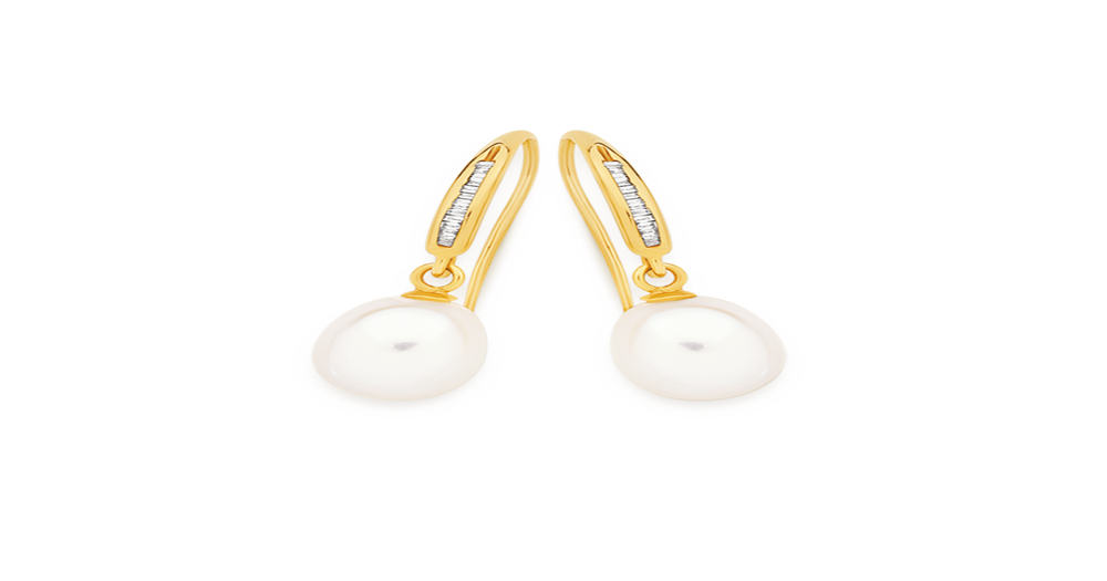 9ct Gold Cultured Fresh Water Pearl & Diamond Drop Earrings in White ...