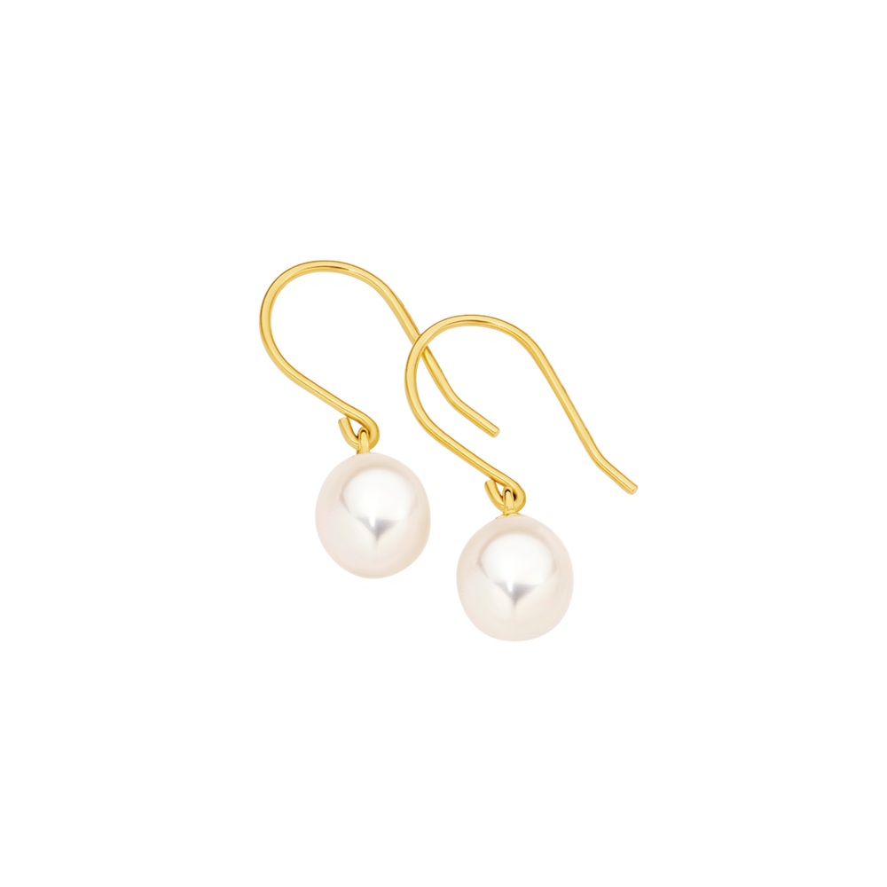9ct Gold, Cultured Fresh Water Pearl Drop Hook Earrings in White