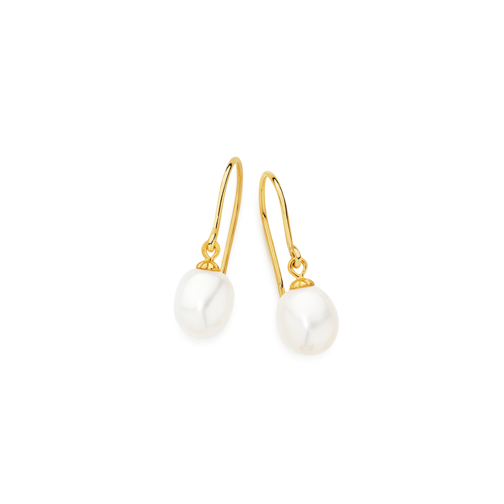 9ct Gold, Cultured Fresh Water Pearl Drop Hook Earrings in White