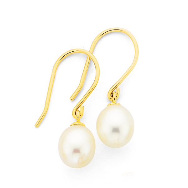 9ct Gold, Cultured Fresh Water Pearl Drop Hook Earrings