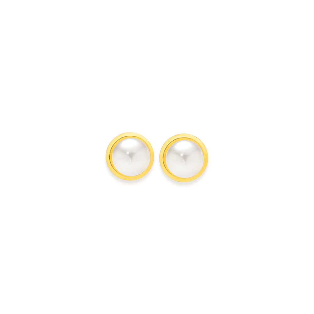 9ct Gold, Cultured Fresh Water Pearl Gold Rim Stud Earrings in
