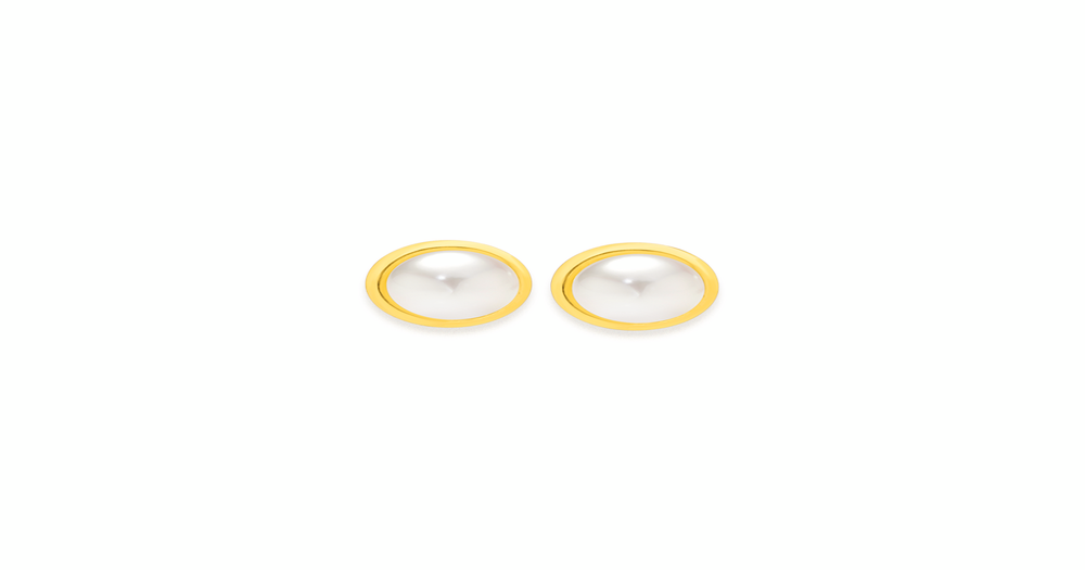 9ct Gold, Cultured Fresh Water Pearl Gold Rim Stud Earrings in White ...