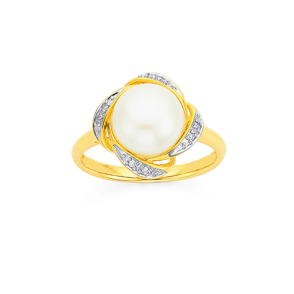 9ct Gold Cultured Freshwater Button Pearl Diamond Swirl Framed