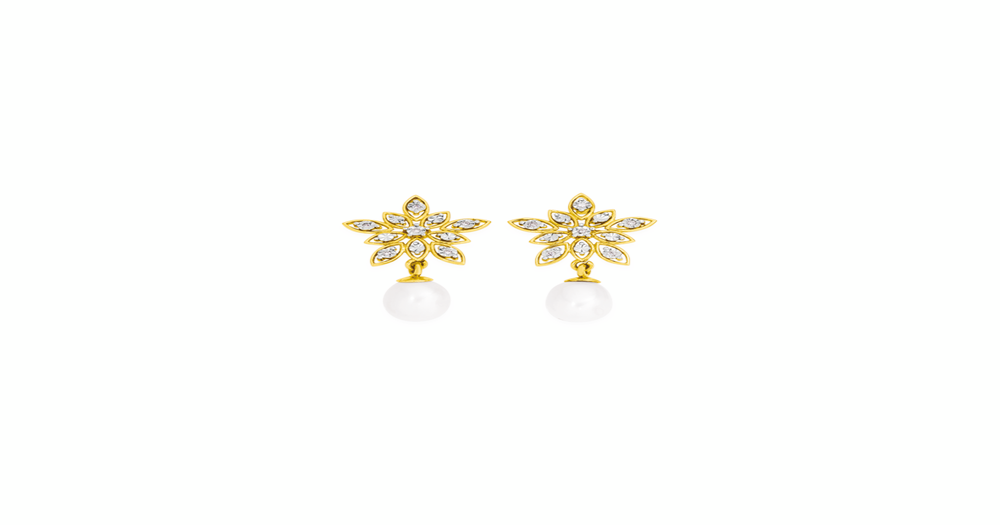 9ct Gold, Cultured Freshwater Pearl & Diamond Flower Stud Earrings in ...