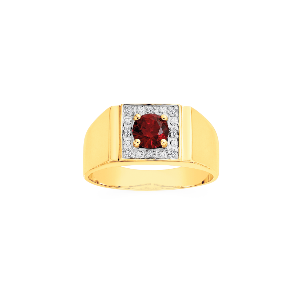 Men's 18K Two Tone Engraved Ring with Synthetic Ruby - Howard's DC