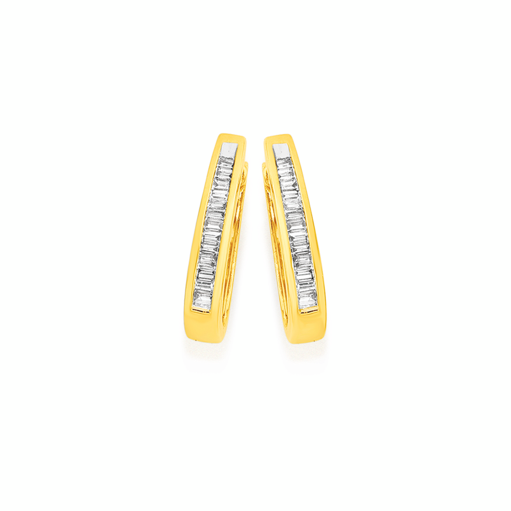 9ct Gold Diamond Baguette Cut Huggie Earrings