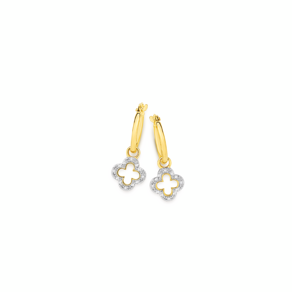 9ct Gold Diamond Clover Drop Hoop Earrings